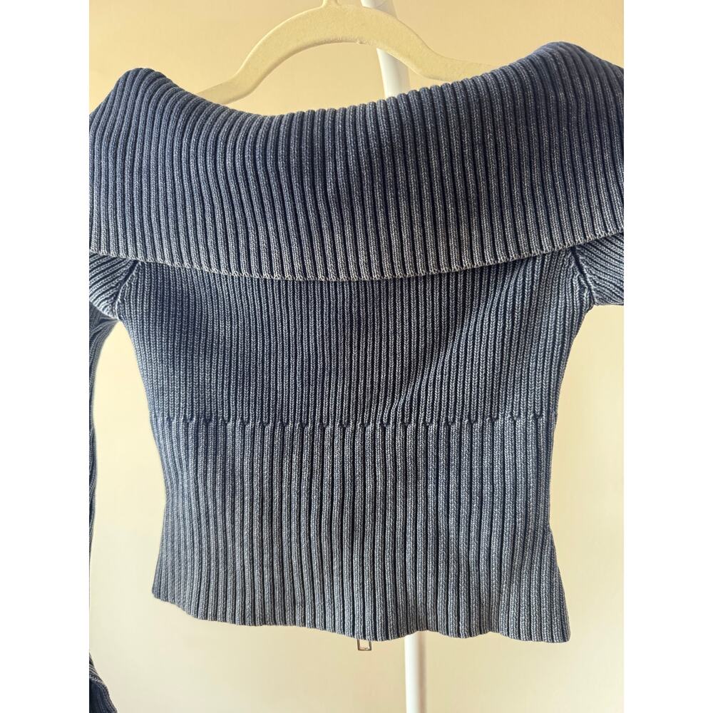 Double Zipper Crop Knit Sweater Wide Collar Off Shoulder- XS Y2K Model Off Duty - Picture 7 of 8